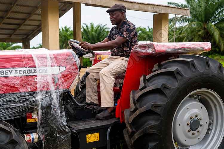 Man in a cap sits on a red Massey Ferguson tractor outdoors with palm trees and a shelter behind him