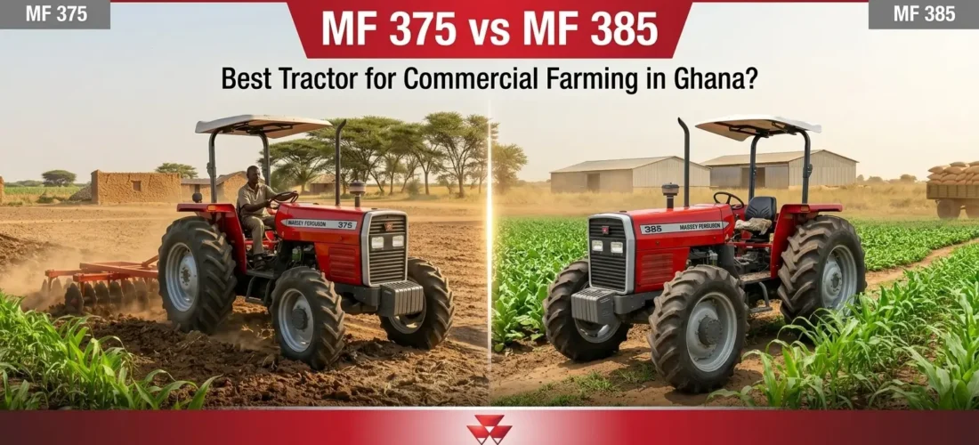 Split screen banner comparing Massey Ferguson MF 375 left and MF 385 right tractors on a Ghanaian farm