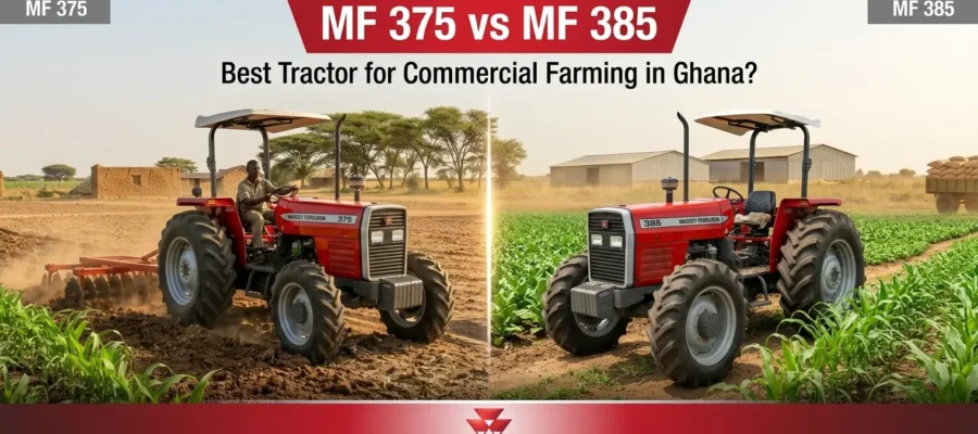 Split screen banner comparing Massey Ferguson MF 375 left and MF 385 right tractors on a Ghanaian farm